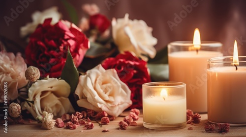 Scented burning candles and fresh flowers. Hygge atmosphere