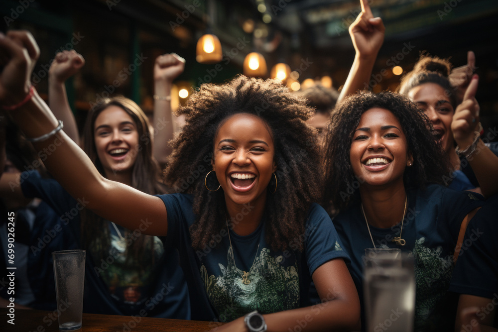 Group of happy young fans, celebrate victory of favorite team watching match in pub Group of happy young fans, celebrate victory of favorite team watching match in pub