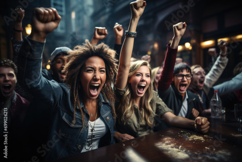 Group of young fans celebrate victory of favorite team watching match in pub photo