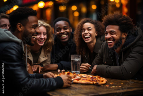 Happy young multinational friends eating pizza in a restaurant