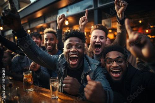 Group of happy young fans, celebrate victory of favorite team watching match in pub