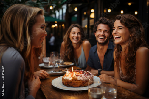 Young happy friends in celebrating birthday in a restaurant or pub