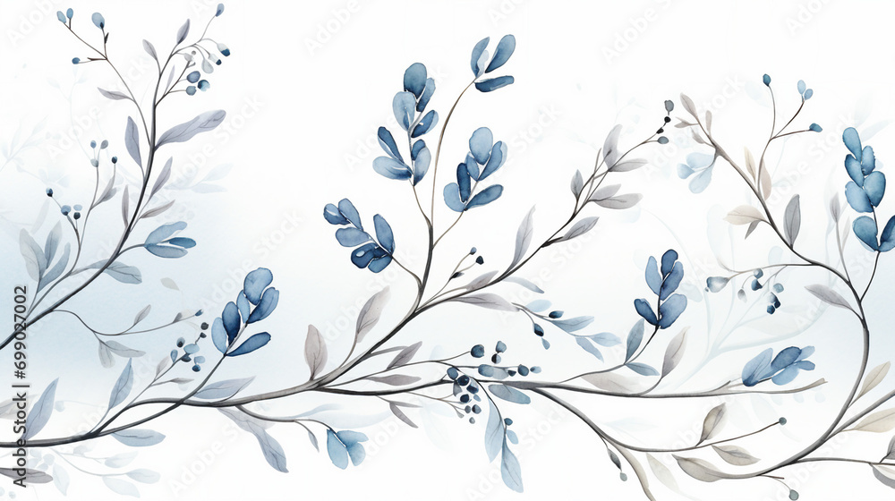 Delicate Winter Botanical Watercolor Leaf Branches Background: Nature-Inspired Art for Seasonal Designs, Ideal for Holiday Cards and Festive Decor