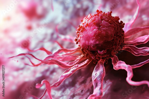 Big red cancer cell with metastases under a microscope. World cancer day banner with copy space photo
