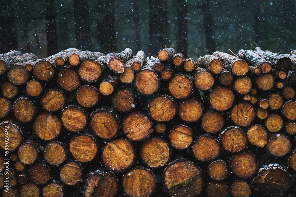 Firewood, log pieces stored under snow in winter. Snowflakes in the air. Holiday atmosphere