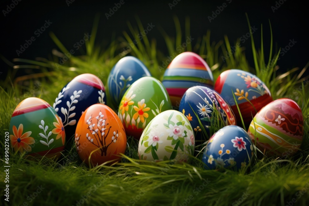 a collection of painted easter eggs celebrating a happy easter