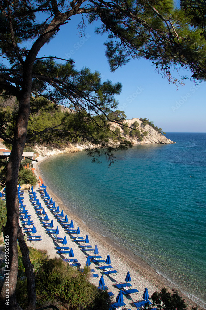 Lemonakia beach, pebble beach with crystal water and pine forest on the Samos island in Greece