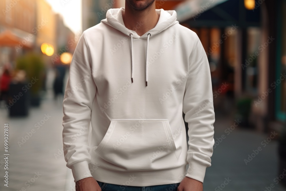 Front view of an unidentifiable person standing on a city street wearing a plain hoodie, mockup Front view of an unidentifiable person standing on a city street wearing a plain hoodie, mockup