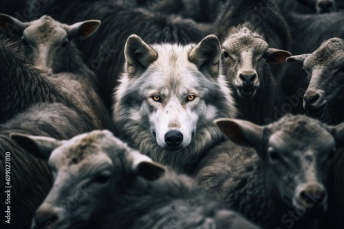 portrait of a wolf hiding among a flock of sheep, deception concept