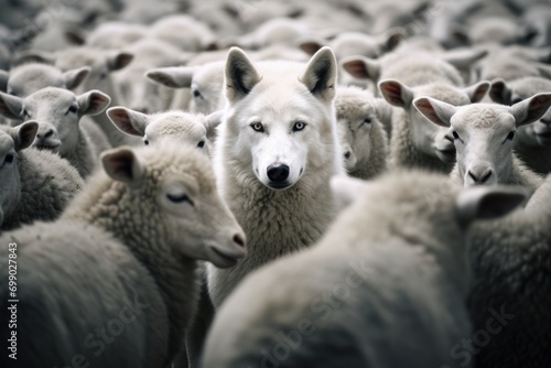 portrait of a wolf hiding among a flock of sheep, deception concept
