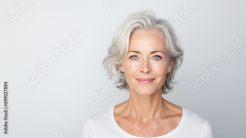 Portrait of middle aged woman on white background looking at camera