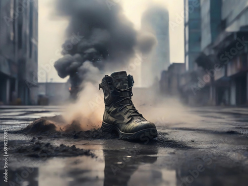 Close-up of soldier's army boot on wet muddy destroyed battlefield ground. War invasion oncept. photo
