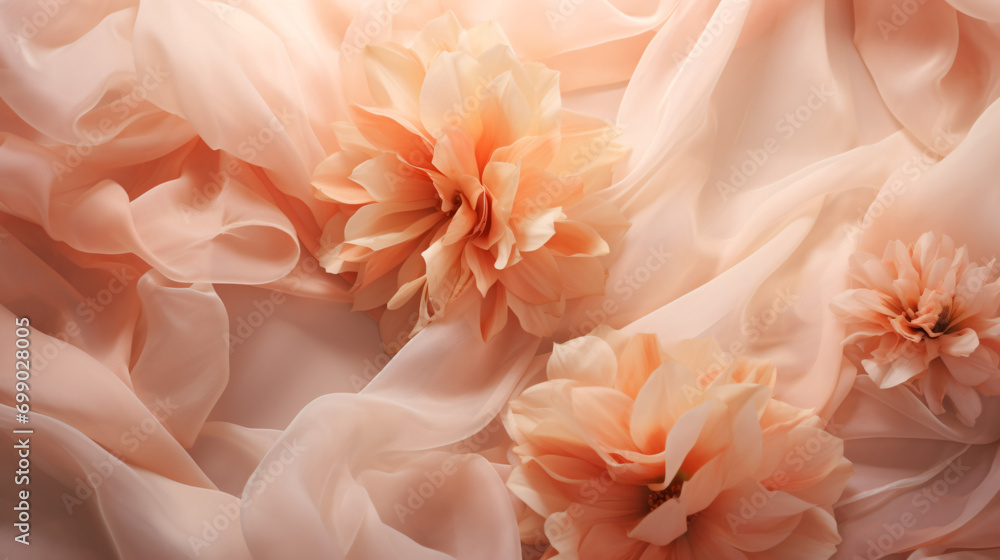 Peach coloured delicate flowers and silky fabric