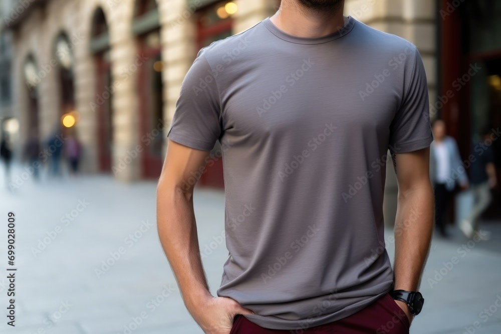Close-up of a man in a blank t-shirt standing outside with a modern urban background mockup Close-up of a man in a blank t-shirt standing outside with a modern urban background mockup