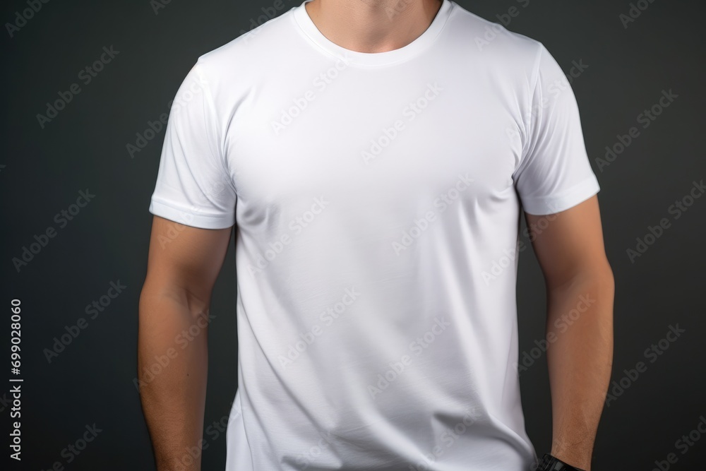 Close-up of a man in a blank t-shirt standing outside with a modern urban background mockup Close-up of a man in a blank t-shirt standing outside with a modern urban background mockup