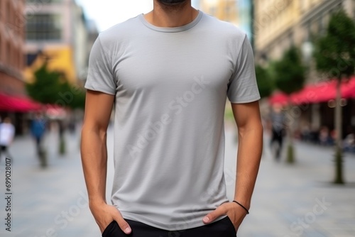 Close-up of a man in a blank t-shirt standing outside with a modern urban background mockup © ChaoticMind