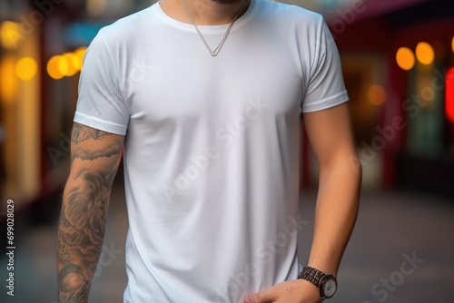 Close-up of a man in a blank t-shirt standing outside with a modern urban background mockup