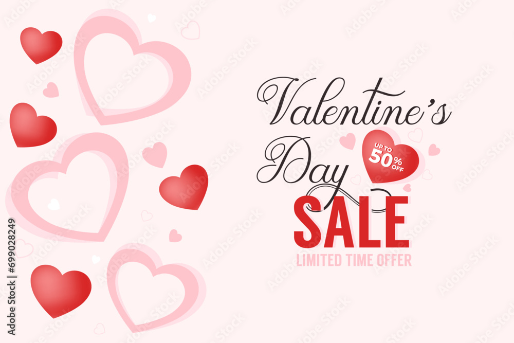 Valentine's day sale special offer, up to 50% off discount. Banner or voucher template with hearts frame.