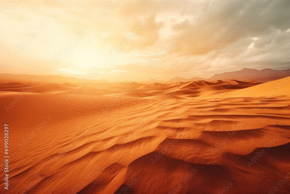 Vast desert landscape bathed in the golden light of sunset, with rolling sand dunes creating a tranquil and majestic scene Vast desert landscape bathed in the golden light of sunset, with rolling sand dunes creating a tranquil and majestic scene