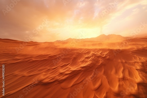 Vast desert landscape bathed in the golden light of sunset  with rolling sand dunes creating a tranquil and majestic scene