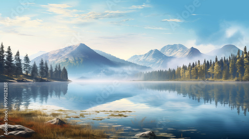 Peaceful Mountain Retreat: Misty Waters & Pine Forest at Sunrise
