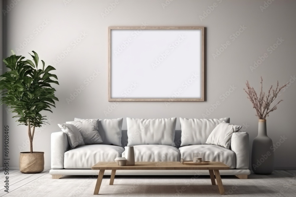 Stylish living room setup with a comfortable couch, potted plant, and a blank frame on a clean wall Mock Up Stylish living room setup with a comfortable couch, potted plant, and a blank frame on a clean wall Mock Up