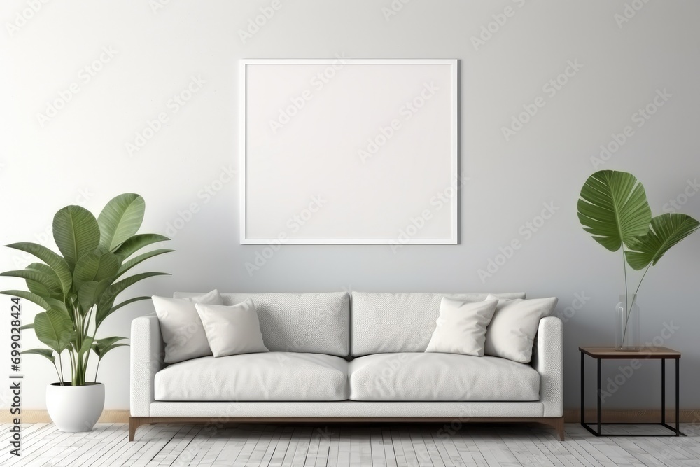Stylish living room setup with a comfortable couch, potted plant, and a blank frame on a clean wall Mock Up Stylish living room setup with a comfortable couch, potted plant, and a blank frame on a clean wall Mock Up
