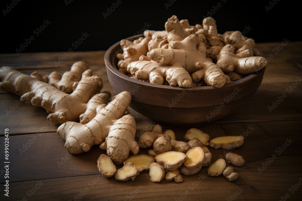 Whole and diced ginger root displayed on a wooden table, showcasing the raw spice's texture and color Whole and diced ginger root displayed on a wooden table, showcasing the raw spice's texture and color