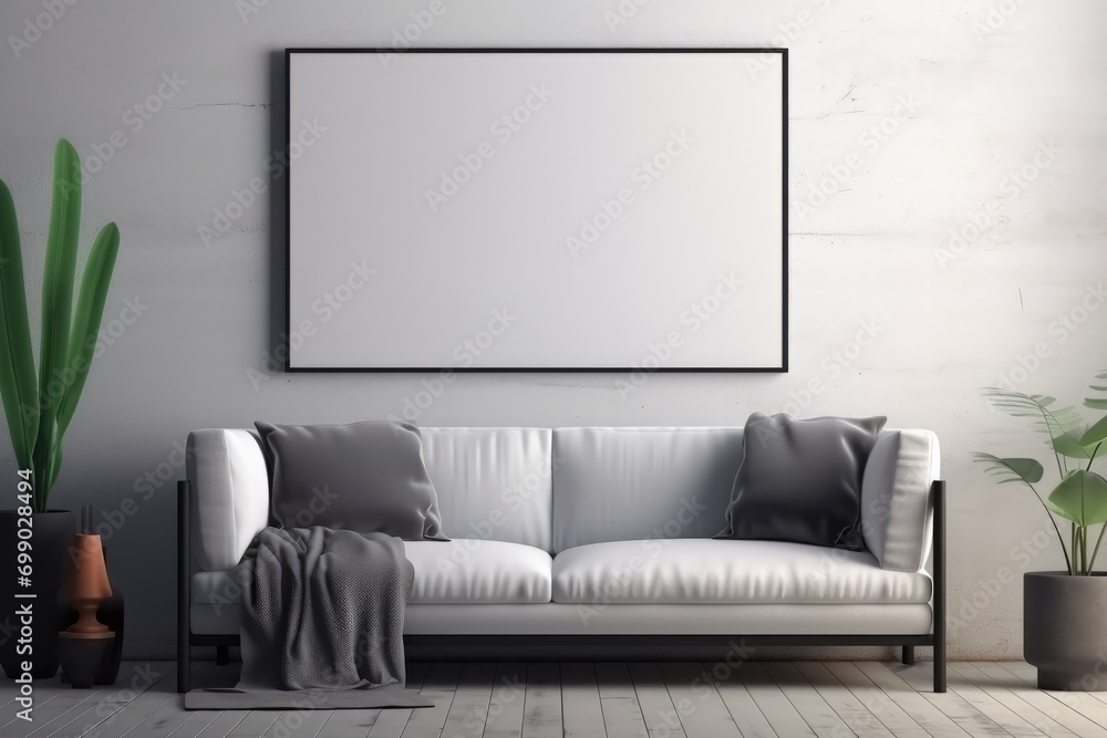 Stylish living room setup with a comfortable couch, potted plant, and a blank frame on a clean wall Mock Up Stylish living room setup with a comfortable couch, potted plant, and a blank frame on a clean wall Mock Up
