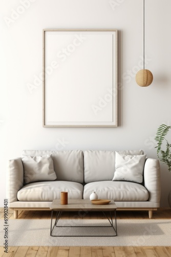 Stylish living room setup with a comfortable couch  potted plant  and a blank frame on a clean wall Mock Up