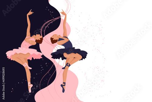 Women ballerinas dancing, classical ballet on an abstract background. Copy space banner, illustration, vector.