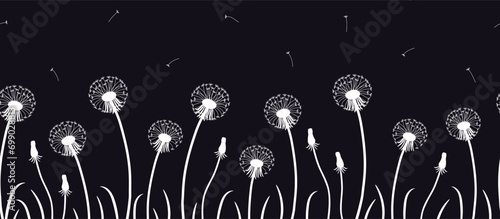 Dandelions on black background. Seamless border. White silhouettes of dandelion flowers. Spring background. Vector illustration