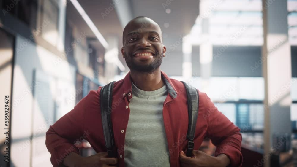 Portrait of a Cheerful Male Student Standing in a Modern Public Library. Young Black Man Looking at Camera and Smiling. Scholar Carrying a Backbag and Posing in University. Slow Motion Portrait of a Cheerful Male Student Standing in a Modern Public Library. Young Black Man Looking at Camera and Smiling. Scholar Carrying a Backbag and Posing in University. Slow Motion