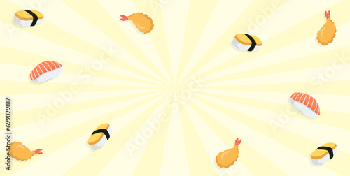 Background design for banner with japanese food dish concept. Japanese food ornaments. cute aesthetic background design japanese food menu	
