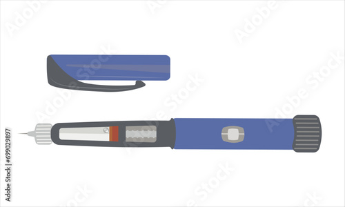 Insulin injection pen isolated banner. Glucose testing equipment diabetics. Medical device for diabetes control, for people with high blood glucose levels. Vector illustration of a hormonal syringe.