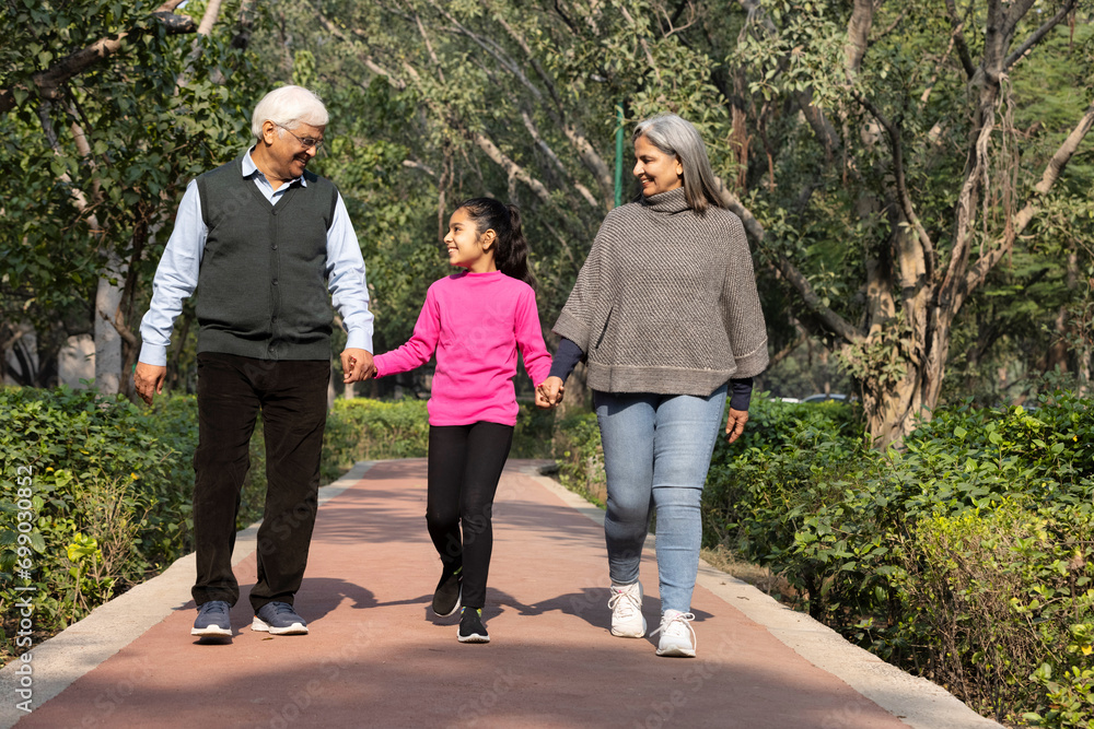 Happy grandparents holding grandchildren's hands and walking in park