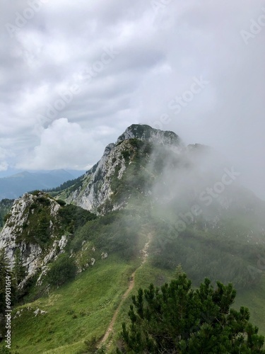 Foggy day in the mountains  Benediktenwand Germany 