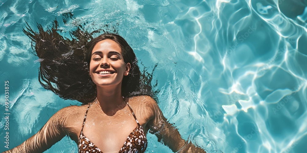 Happy woman enjoy swimming in the pool. Vacation concept. Free space for text