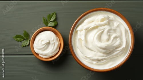 Bowl of tasty sour cream on wooden table photo