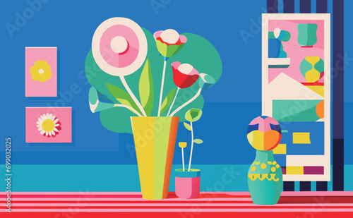 レイアウトされた花のセット。描画、カラフルな花。インテリアペインティング。フラットデザイン。手描きのイラスト。それぞれの花が咲いている。