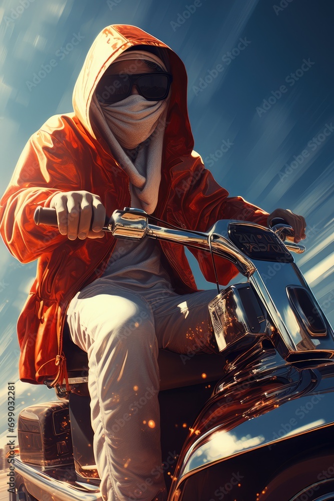 A man with hood on and goggles reflects the city vibe on his motorcycle
