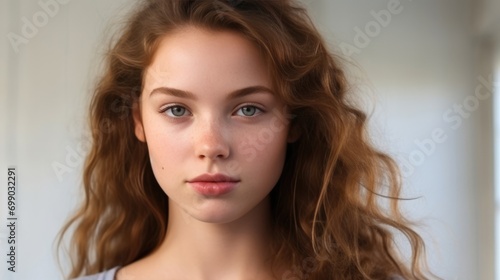 Portrait of a young woman with tousled hair and clear brown eyes, gazing directly at the viewer.