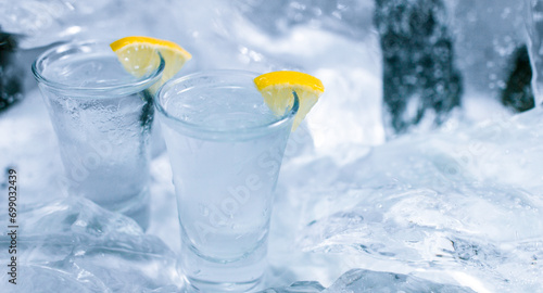 Two glasses of vodka with ice and lemon