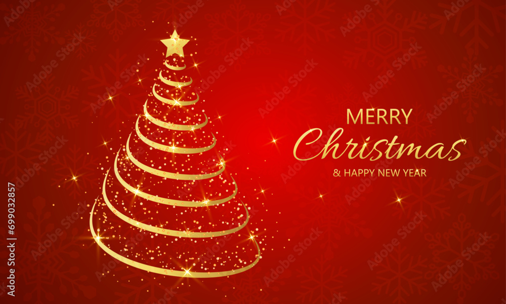elegant gold line tree christmas on red background. merry christmas and happy new year banner with copy space. vector illustration design. elegant gold line tree christmas on red background. merry christmas and happy new year banner with copy space. vector illustration design.