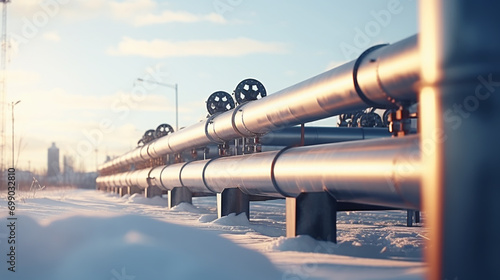Winter landscape with the snow-covered gas pipeline and trees in hoarfrost. Gas pipe transite snow winter. photo