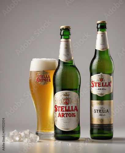 Bottles of Stella Artois beer with ice.
