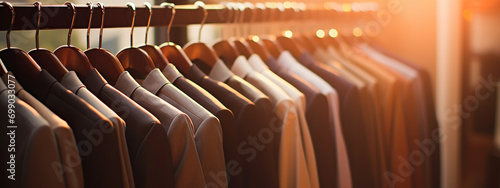 Row of men's suit jackets hanging in closet photo