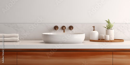 Close up view of empty modern contemporary wooden sink counter for copy space