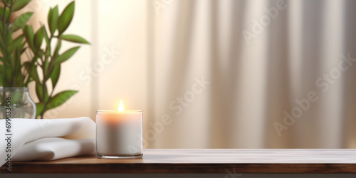 Blank white table top for copy space 3d render decorated with glass candle holders with flames.