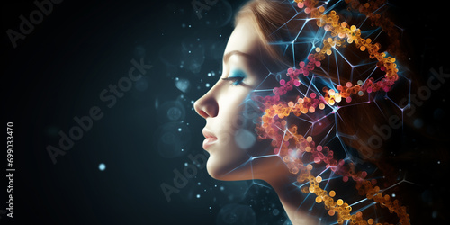 Concept of biochemistry with dna molecule, Human face, DNA on dark background.
